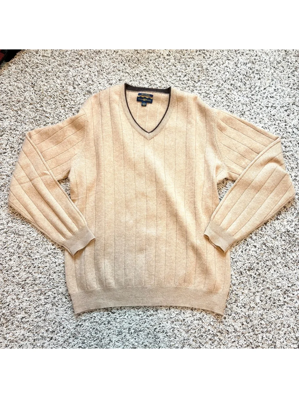 Club Room 100% Cashmere V-Neck Sweater Men’s Large Camel Tan Ribbed Knit Fall